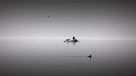 Wallpaper lake, boat, calm, horizon, silence, man, birds, bw hd ...