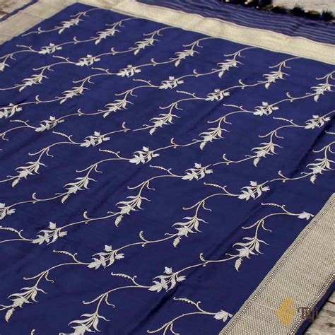 Navy Blue Pure Katan Silk Banarasi Kadwa Jangla Handloom Dupatta - Tilfi