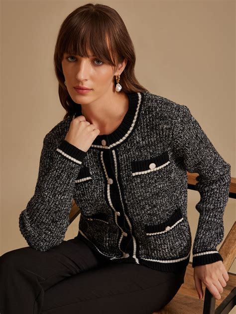Textured Cardigan With Chain Trim – KAZO