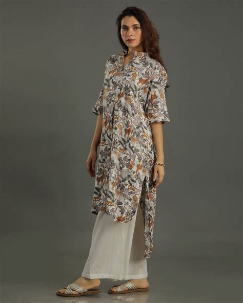 Safari High-Low Cotton Kurta Set – Off-White Print – Napayi