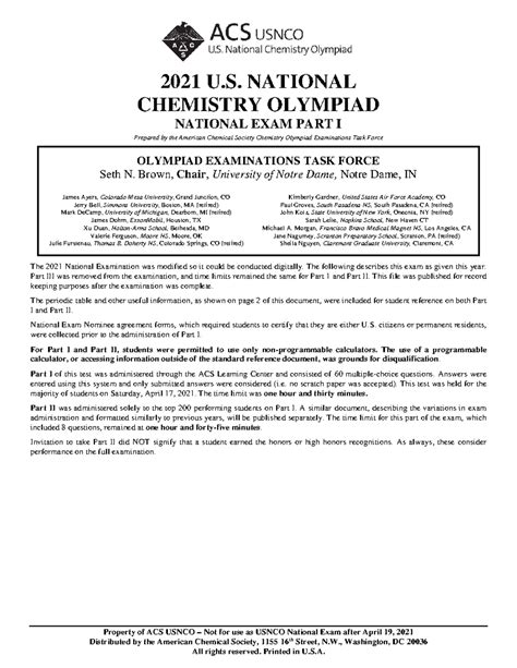 2021 usnco exam part i - Nope - Property of ACS USNCO - Not for use as ...