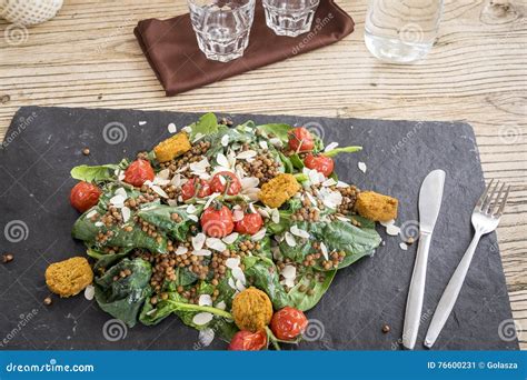 Delicious Salad with Falafels, Lentils and Baked Tomato Stock Image ...