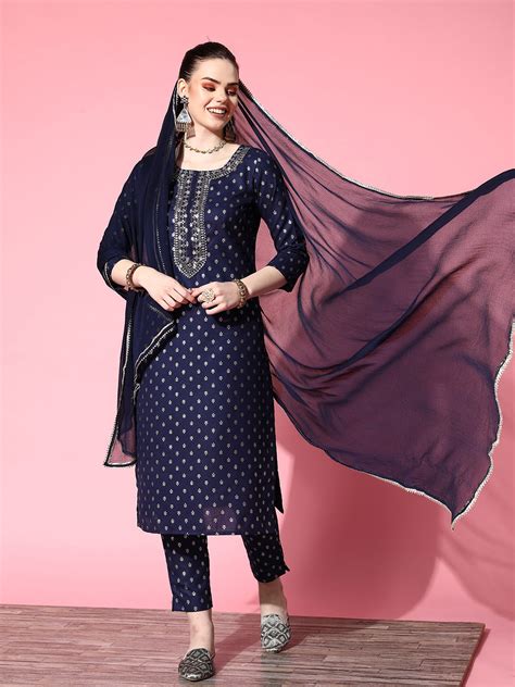 Buy Ishin Women's Cotton Blend Navy Blue Yoke Design A-Line Kurta ...
