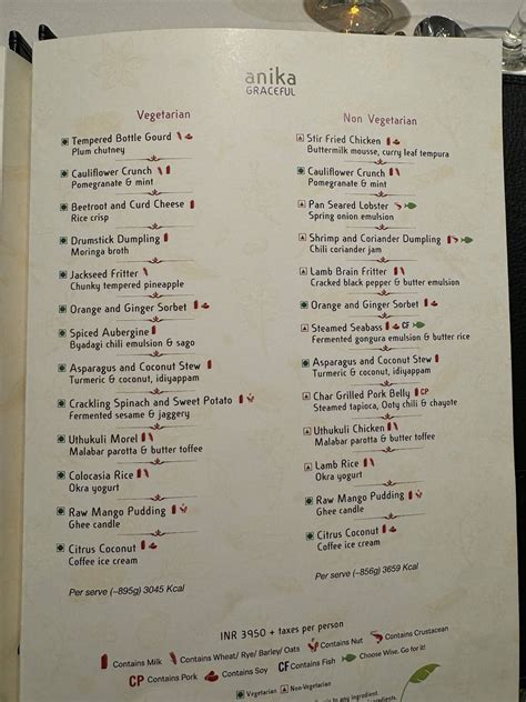 Menu at Avartana, Chennai