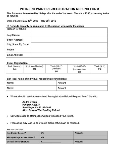 2016-2026 Potrero War Pre-Registration Refund Form - Blank Fillable ...