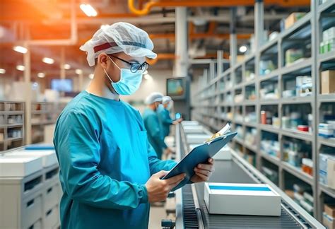 Pharmaceutical factory worker operating production line at pharmacy ...