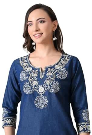 Buy PR Clothing Ladies Indigo Denim Short Kurti/Top with Beige Floral ...