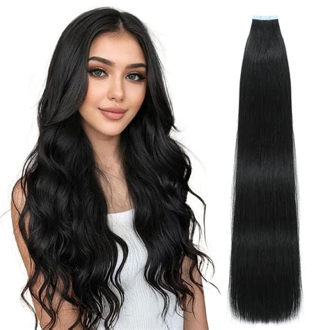 Amazon.com : Lveyan Tape in Hair Extensions Human Hair, 16 Inch Jet ...
