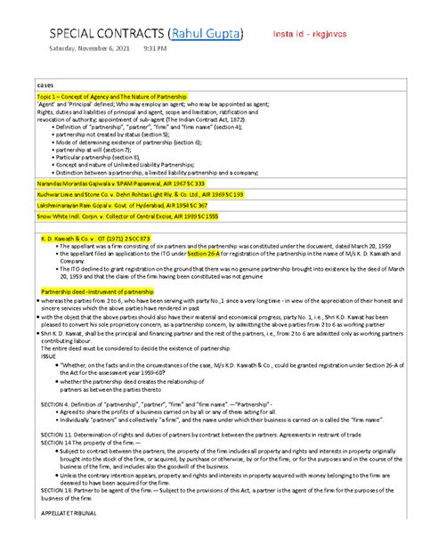 Special Contract Case Study Notes - Rahul - Section Overview - Studocu
