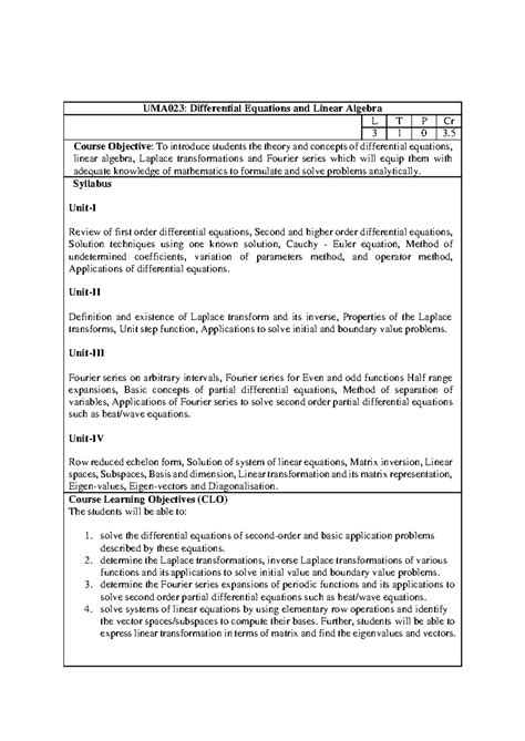 Syllabus for Diff Equations & Linear Algebra (UMA023) - Course Overview ...