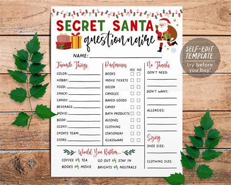 Secret Santa Questionnaire Printable