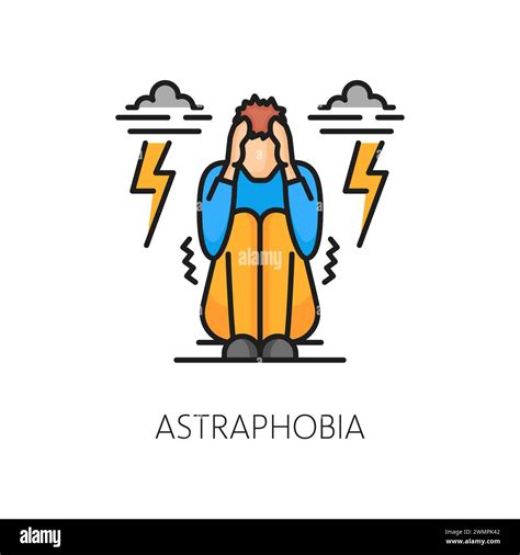 Human phobia icon of astraphobia or fear of thunder lightning, vector color line. Mental health ...