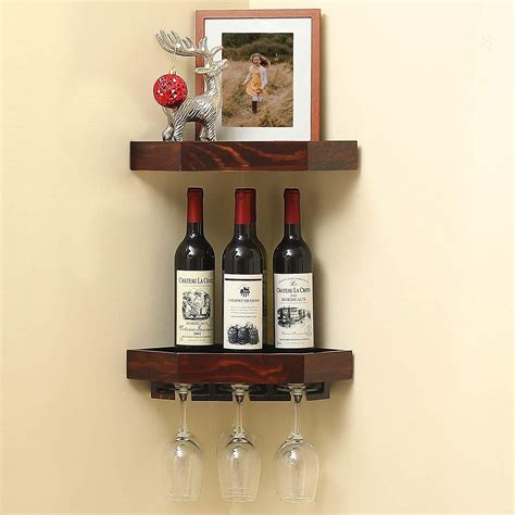 WELLAND Rustic Wood Corner Floating Shelves Wall Mount Corner Wine Rack ...