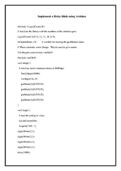 IOT Program: Implementing Relay and LED Blinks with Arduino - Studocu