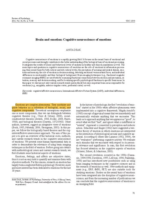 Brain areas associated with emotions - Review of Psychology, 2011, Vol. 18, No. 2, 71-80 UDC 159 ... - related to vs associated with psychology