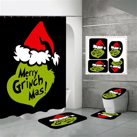 4Pcs Christmas Grinch Bathroom Sets,Christmas Grinch Shower Curtain Set ...