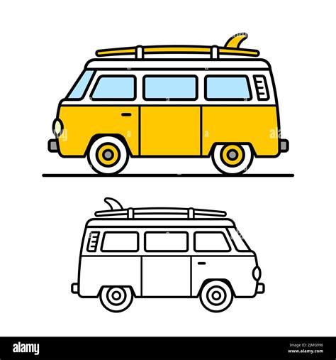 Yellow retro surfer van with surfbord on the ro in bold black outlines for transportation ...