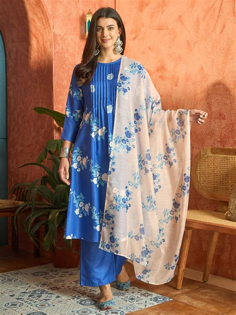 Stylum Women's Blue Floral Printed Rayon A-Line Kurta Pant Dupatta Set ...