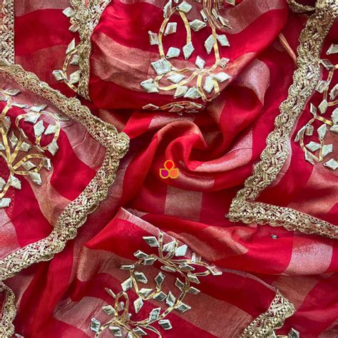 Hoor Red Strip Gota Patti Embroidered Organza Dupatta – anokherang