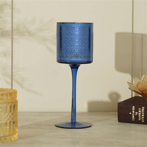 Blue and Gold Patterned Glass Candle Holder - Large