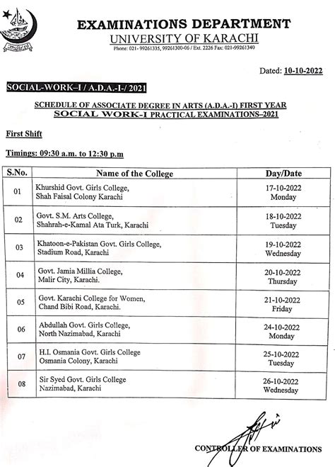 Schedule of associate degree in ARTS (A.D.A.-I) First Year 2021