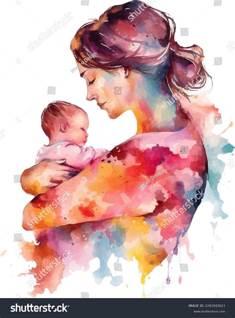 Watercolor Beautiful Silhouette Mother Holding Baby Stock Vector ...