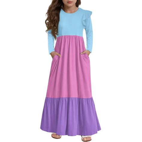Abcomgle Girls Long Sleeve Dresses 7-8 Casual A-Line Ruffle Long Sleeve ...