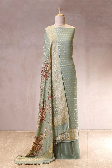 Sage Green Banarasi Suit Set with Printed Dupatta – Chinaya Banaras