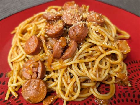 Spaghetti Through Hot Dogs