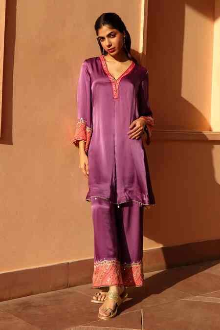 Buy Purple Satin, Georgette, Crepe Zari, Dove Zardozi Embellished Kurta ...