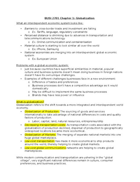 Chapter 1 Notes - Globalization - BUSI 2701 Chapter 1: Globalization ...