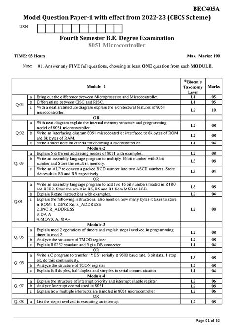BEC405A Model Question Paper 1 for 8051 Microcontroller Exam 2022-23 ...