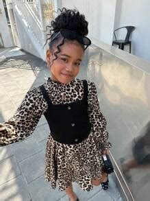 SHEIN Leap Crew Tween Girl Tween Girl Knit Graphic & Leopard Print Long ...
