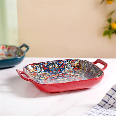 Mandala Melange Serving Platter With Handle Red Online - Premium ...