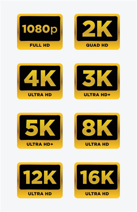 Video Resolutions 1080p 2k 3k 4k 5k 8k 12k 16k Icons Collection Vector ...