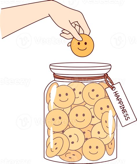Hand of human collecting happiness, putting positive emojis into jar, for concept of preserving ...