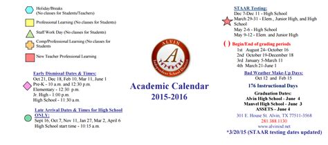 Assets - School District Instructional Calendar - Alvin Isd - 2015-2016