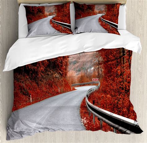 Fall Duvet Cover Set, Dreamy Asphalt Road with Mid Autumn Colors Nobody ...