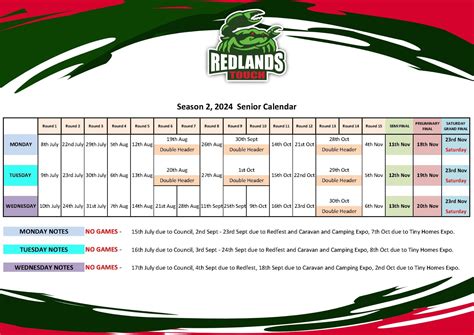 Senior Season Calendar — Redlands Touch Association