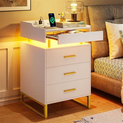 White LED Nightstand with LED Lights and USB Port Charging Station ...