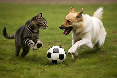 Cat and dog playing soccer ball on green summer grass. generative AI ...