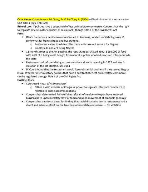 Katzenbach v. Mc Clung (1964) Case Brief - Case Name: Katzenbach v ...