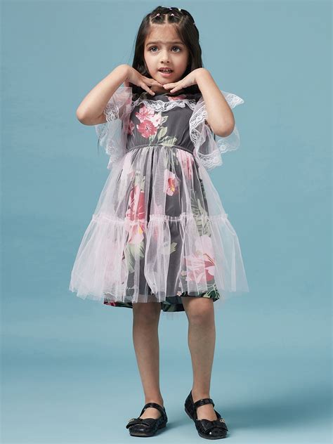 Shop Lace Layered Floral Printed Fit & Flare Dress (d-pinkblack) Online