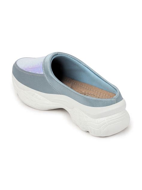 Shop Women Sky Blue Back Open Embellished Slip On Mules Online