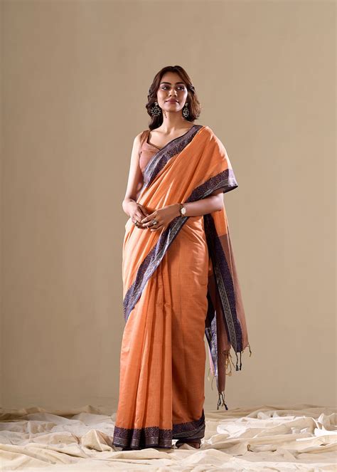 Classic Orange Handloom Saree with Contrast Blue Border – Anant Exports
