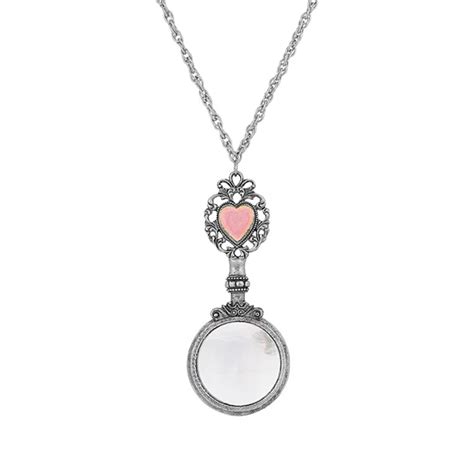 1928 Silver Tone Pink Crystal Heart Magnifying Glass Necklace