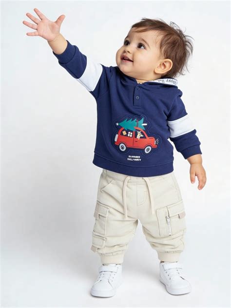 Buy HOP Baby Boys Navy Printed Hooded Cotton Sweatshirt from Westside