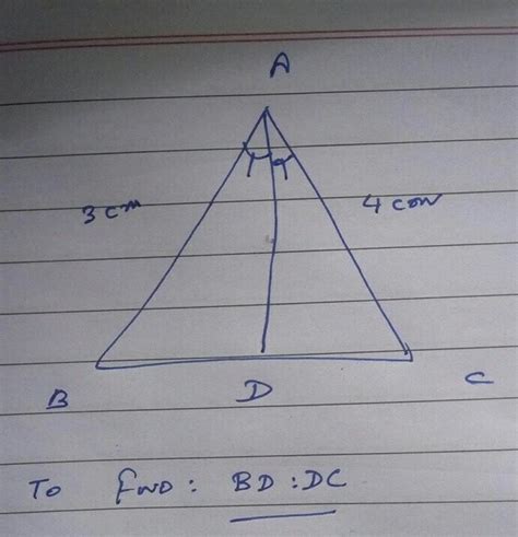 In ABC, AB = 3 and, AC = 4 cm and AD is the bisector of ∠A. Then, BD ...