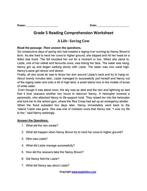 Life Saving Cow Fifth Grade Reading Worksheets | Reading comprehension ...