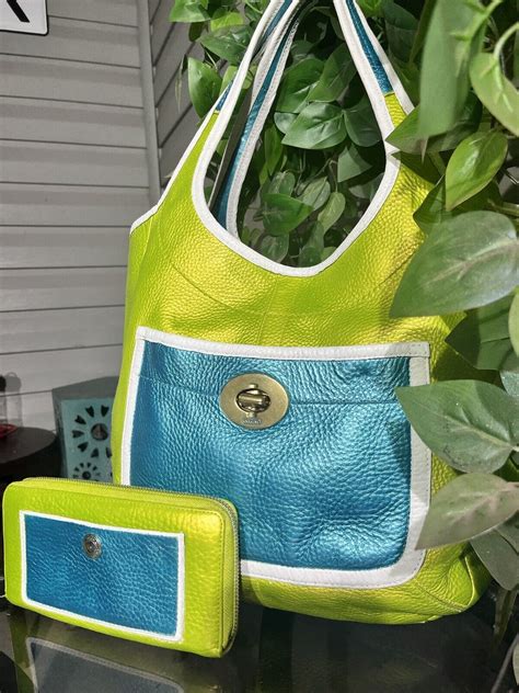 IRIDESCENT NEON Green, Teal & White Leather Large Coach Purse & Wallet ...